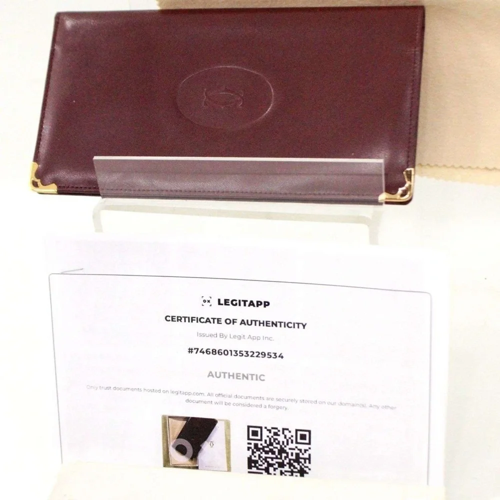 Cartier Maroon Leather Card Holder with Gold Logo with COA